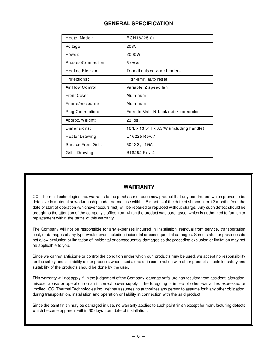 Warranty, General specification | CCI Thermal Technologies RCH2 - Fan-Forced Electric Open Coil Cab Heater User Manual | Page 6 / 6
