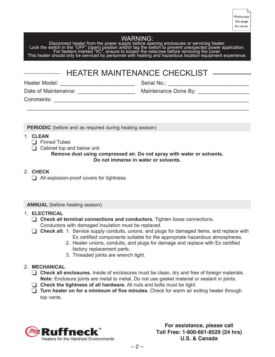 Heater maintenance checklist, Warning | CCI Thermal Technologies CF1 - ProVector Explosion-Proof Convection Heater User Manual | Page 2 / 12