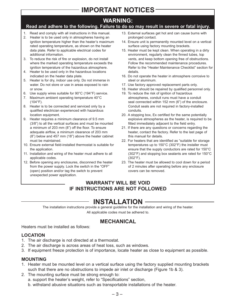 Important notices, Installation, Warning | Mechanical | CCI Thermal Technologies CF1 - ProVector Explosion-Proof Convection Heater User Manual | Page 3 / 12