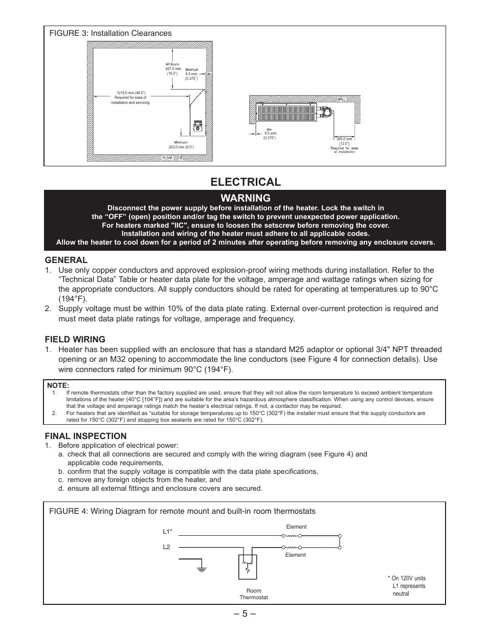 Electrical, Warning, General | Field wiring, Final inspection | CCI Thermal Technologies CF1 - ProVector Explosion-Proof Convection Heater User Manual | Page 5 / 12