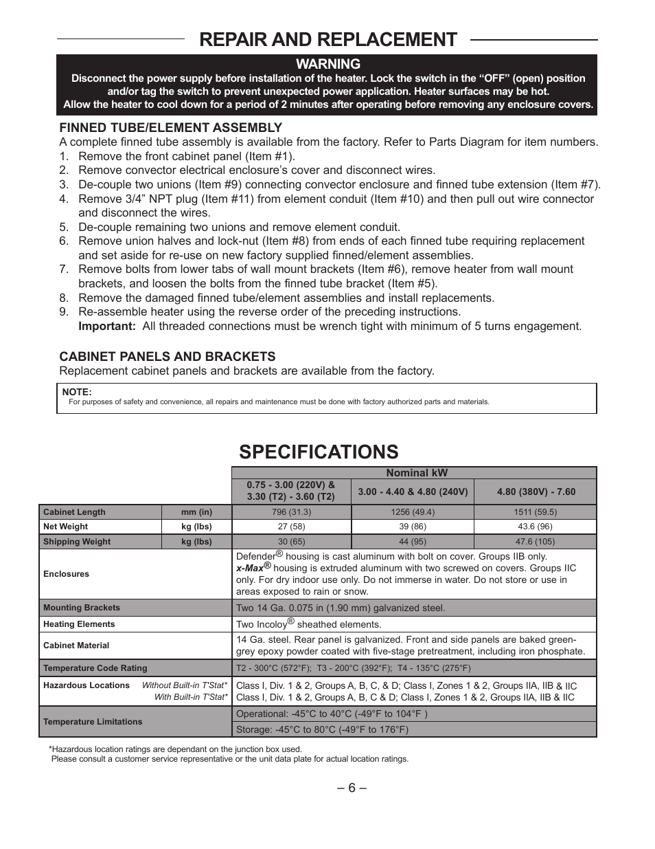 Repair and replacement, Specifications, Warning | CCI Thermal Technologies CF1 - ProVector Explosion-Proof Convection Heater User Manual | Page 6 / 12