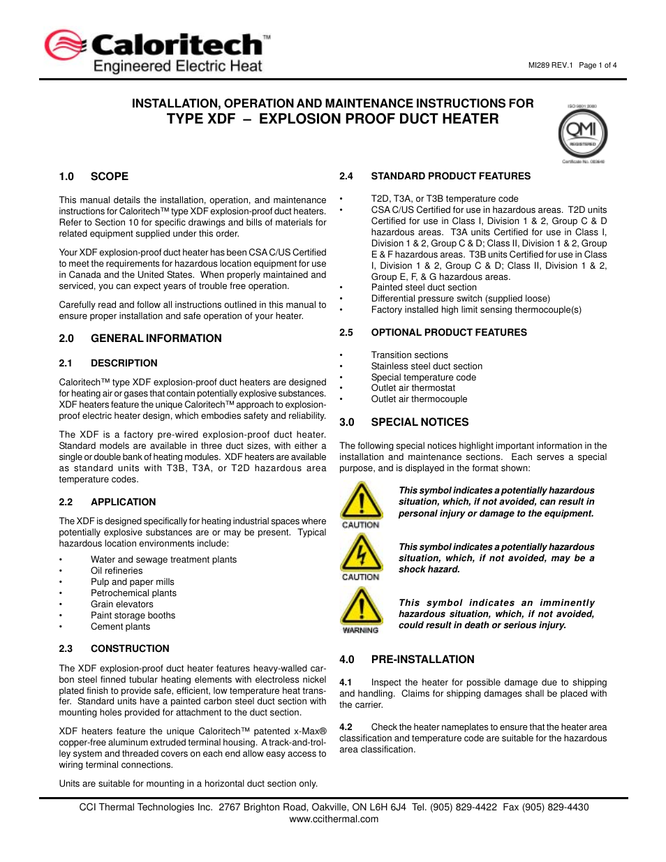 CCI Thermal Technologies RXDF - Explosion-Proof Duct Heater User Manual | 4 pages