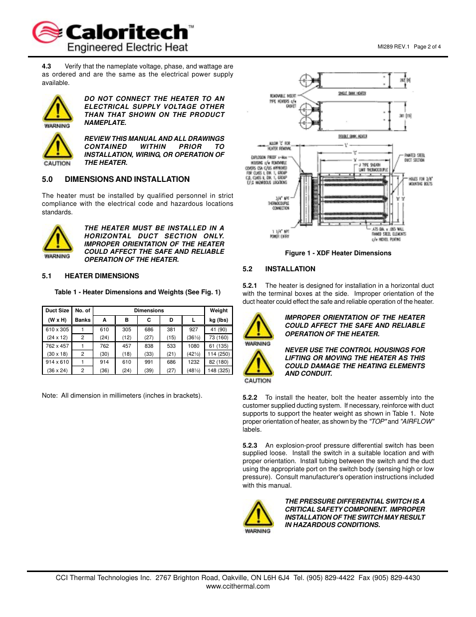 0 dimensions and installation | CCI Thermal Technologies RXDF - Explosion-Proof Duct Heater User Manual | Page 2 / 4