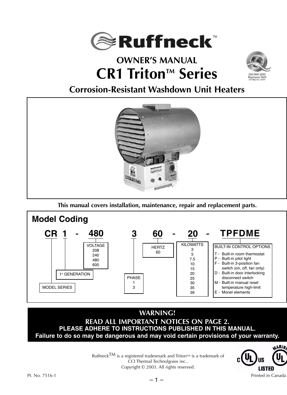 CCI Thermal Technologies CR1 - Trito Corrosion-Resistant Washdown Unit Heater User Manual | 10 pages