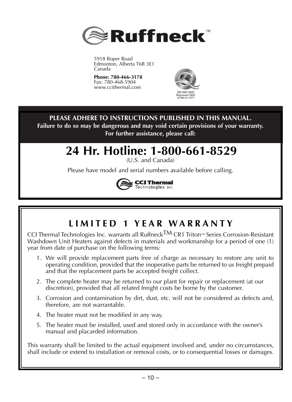 CCI Thermal Technologies CR1 - Trito Corrosion-Resistant Washdown Unit Heater User Manual | Page 10 / 10