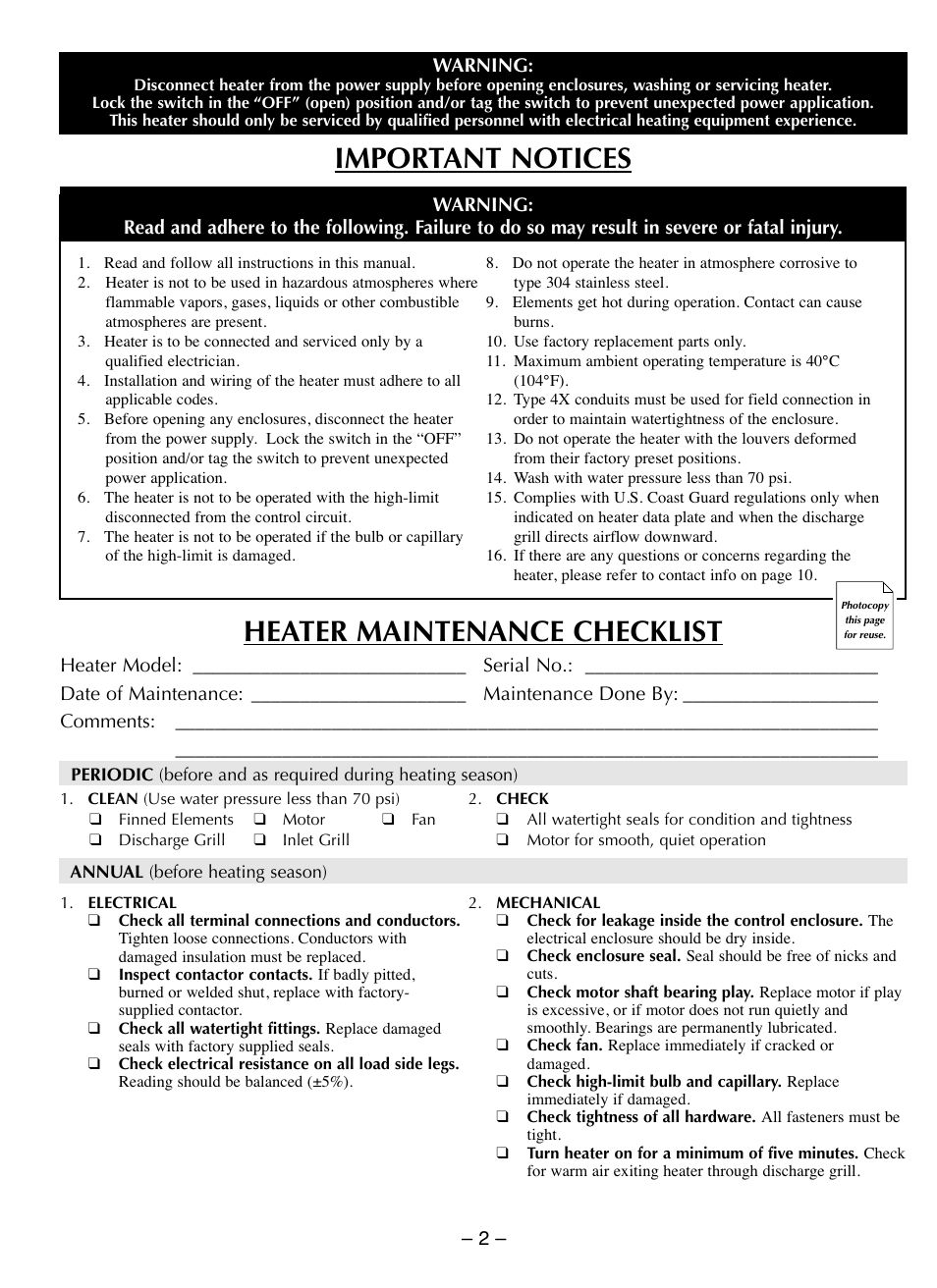 Heater maintenance checklist, Important notices | CCI Thermal Technologies CR1 - Trito Corrosion-Resistant Washdown Unit Heater User Manual | Page 2 / 10