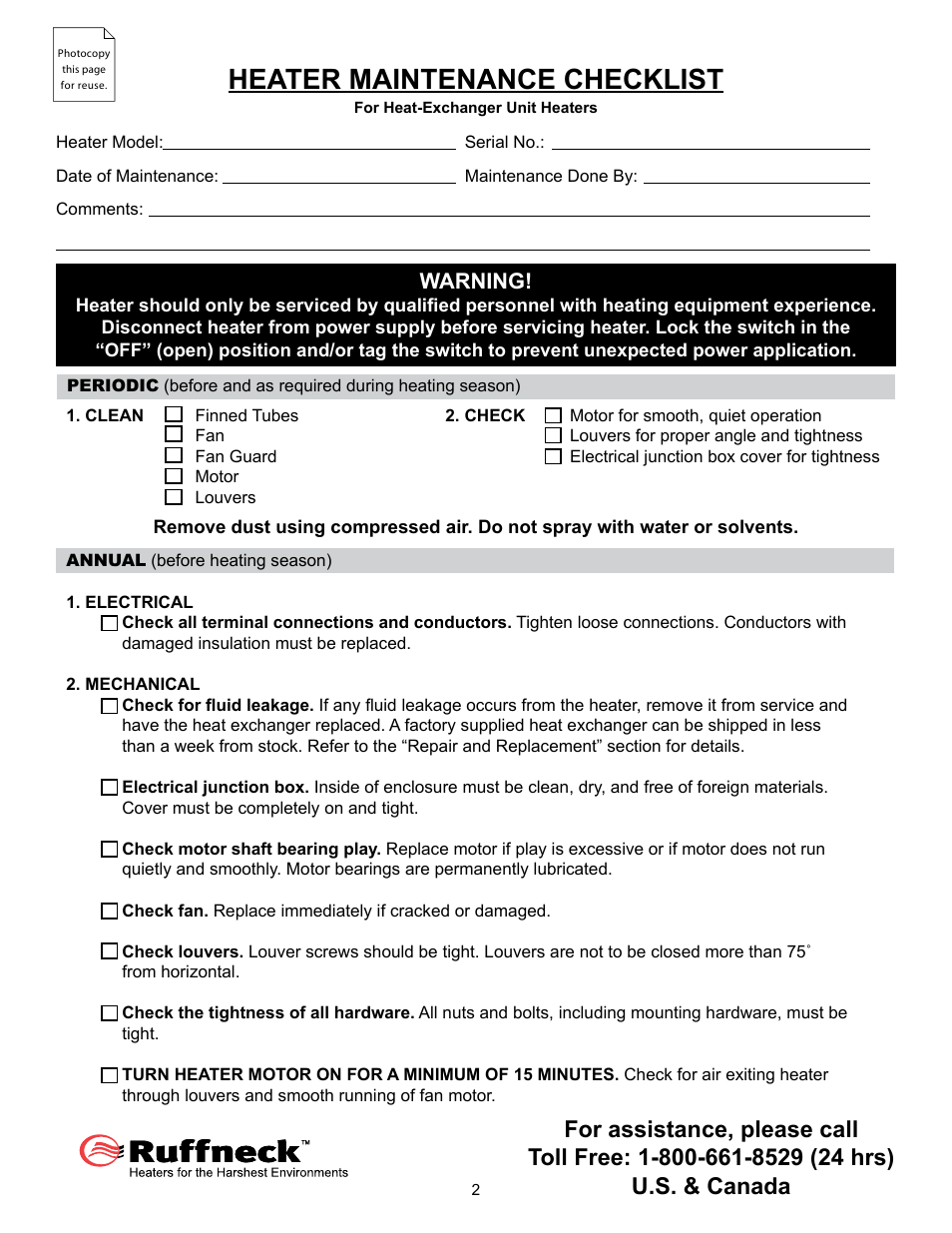 Heater maintenance checklist, Warning | CCI Thermal Technologies HP - High Pressure Heat Exchanger Unit Heater User Manual | Page 2 / 16