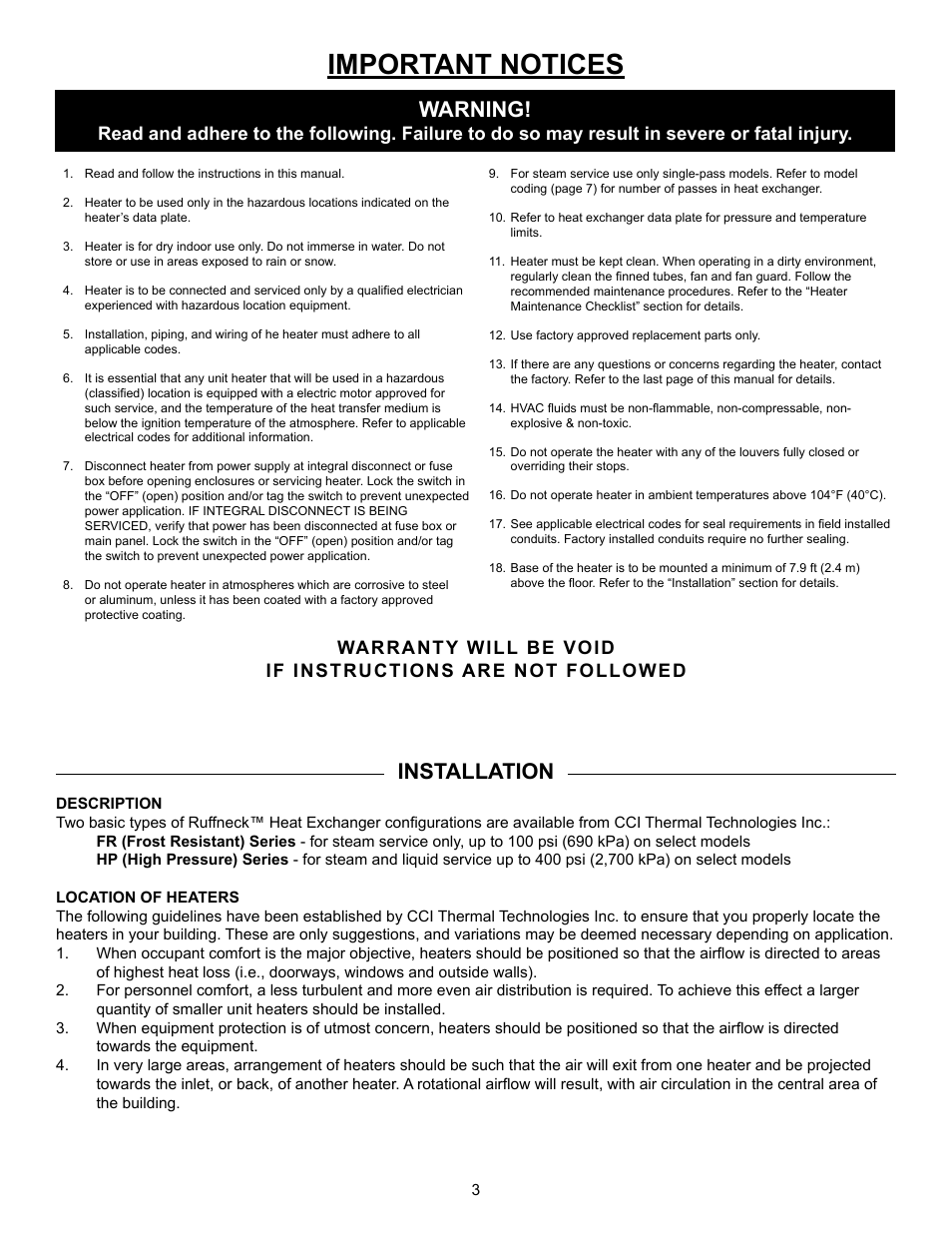 Important notices, Installation, Warning | CCI Thermal Technologies HP - High Pressure Heat Exchanger Unit Heater User Manual | Page 3 / 16