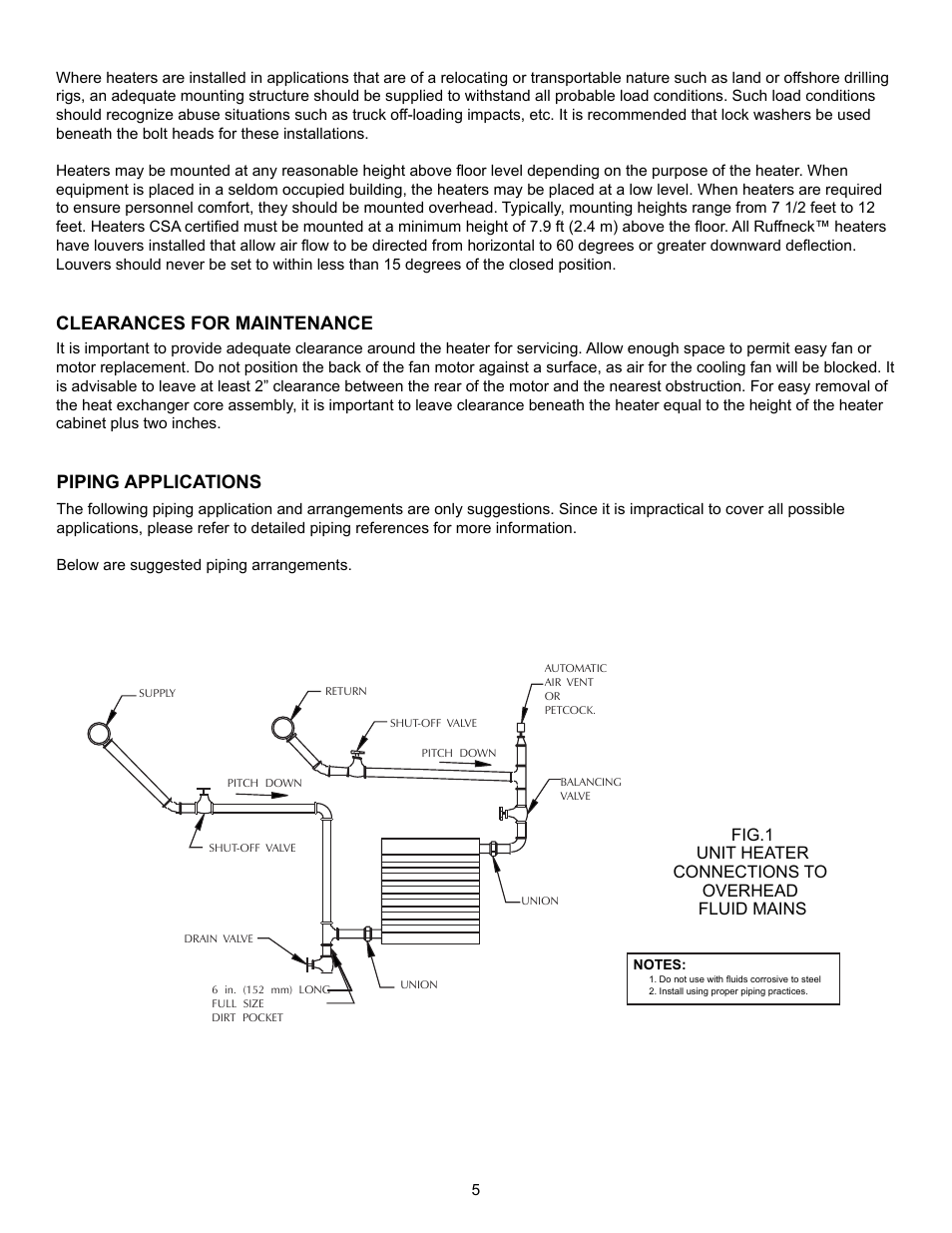 Clearances for maintenance, Piping applications | CCI Thermal Technologies HP - High Pressure Heat Exchanger Unit Heater User Manual | Page 5 / 16