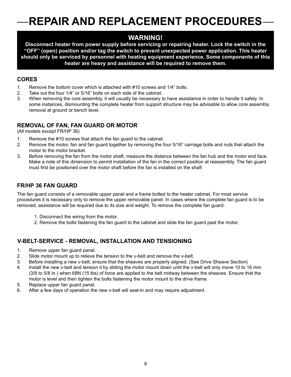 Repair and replacement procedures, Warning | CCI Thermal Technologies HP - High Pressure Heat Exchanger Unit Heater User Manual | Page 9 / 16