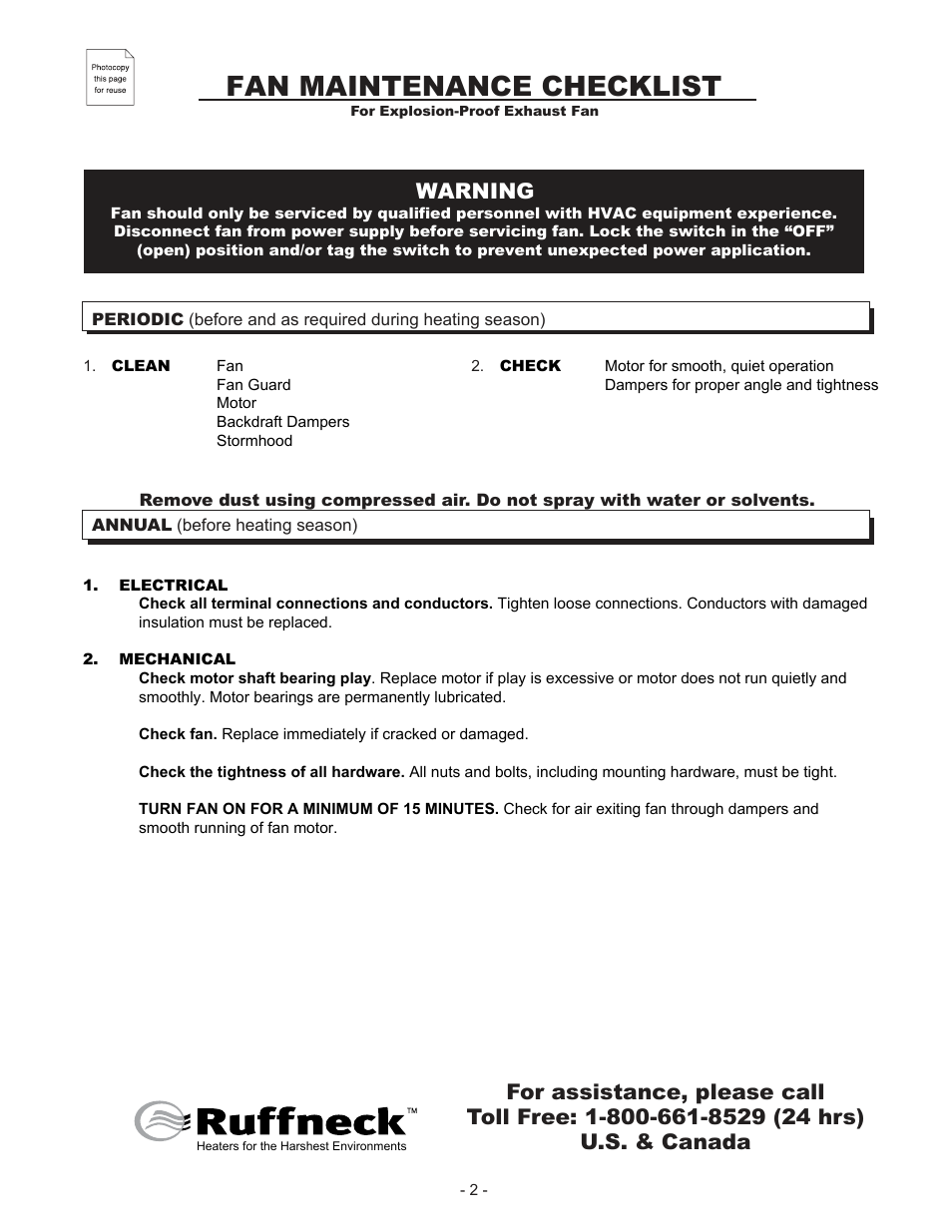Fan maintenance checklist, Warning | CCI Thermal Technologies EFX - Explosion-Proof Exhaust Fan User Manual | Page 2 / 12