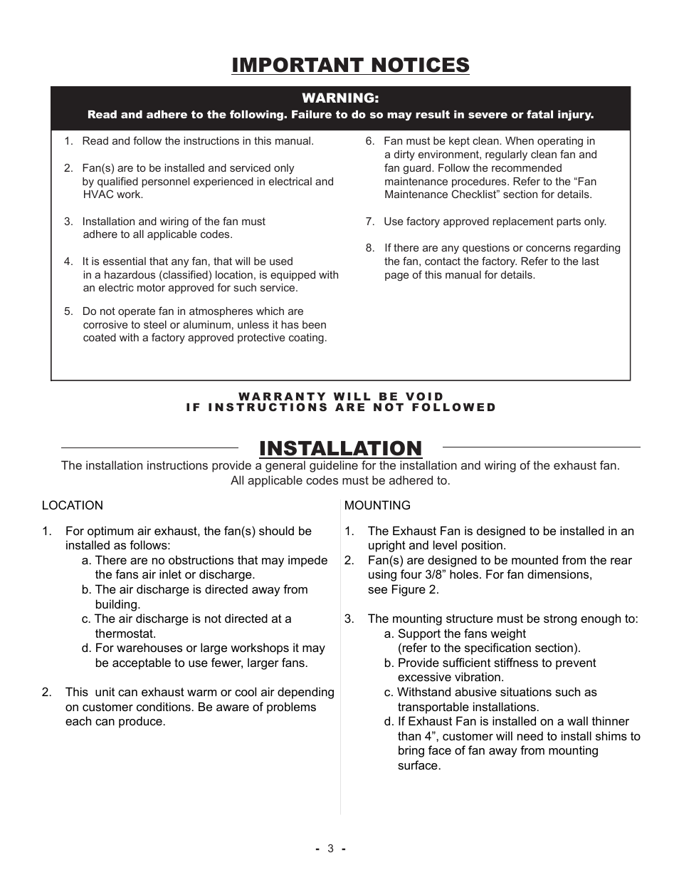 Installation, Important notices | CCI Thermal Technologies EFX - Explosion-Proof Exhaust Fan User Manual | Page 3 / 12