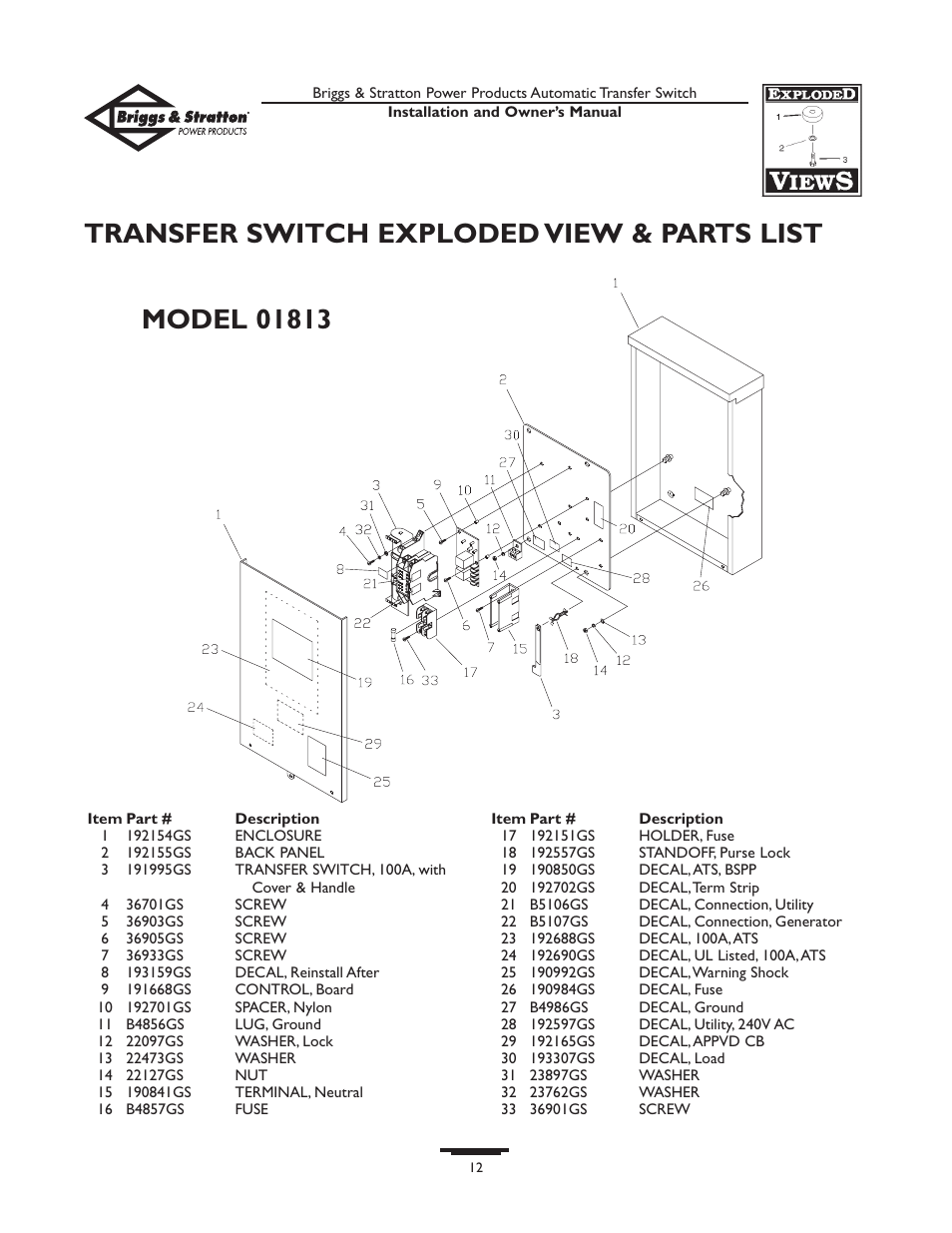 Transfer switch exploded view & parts list | Briggs & Stratton 01813-0 User Manual | Page 12 / 36