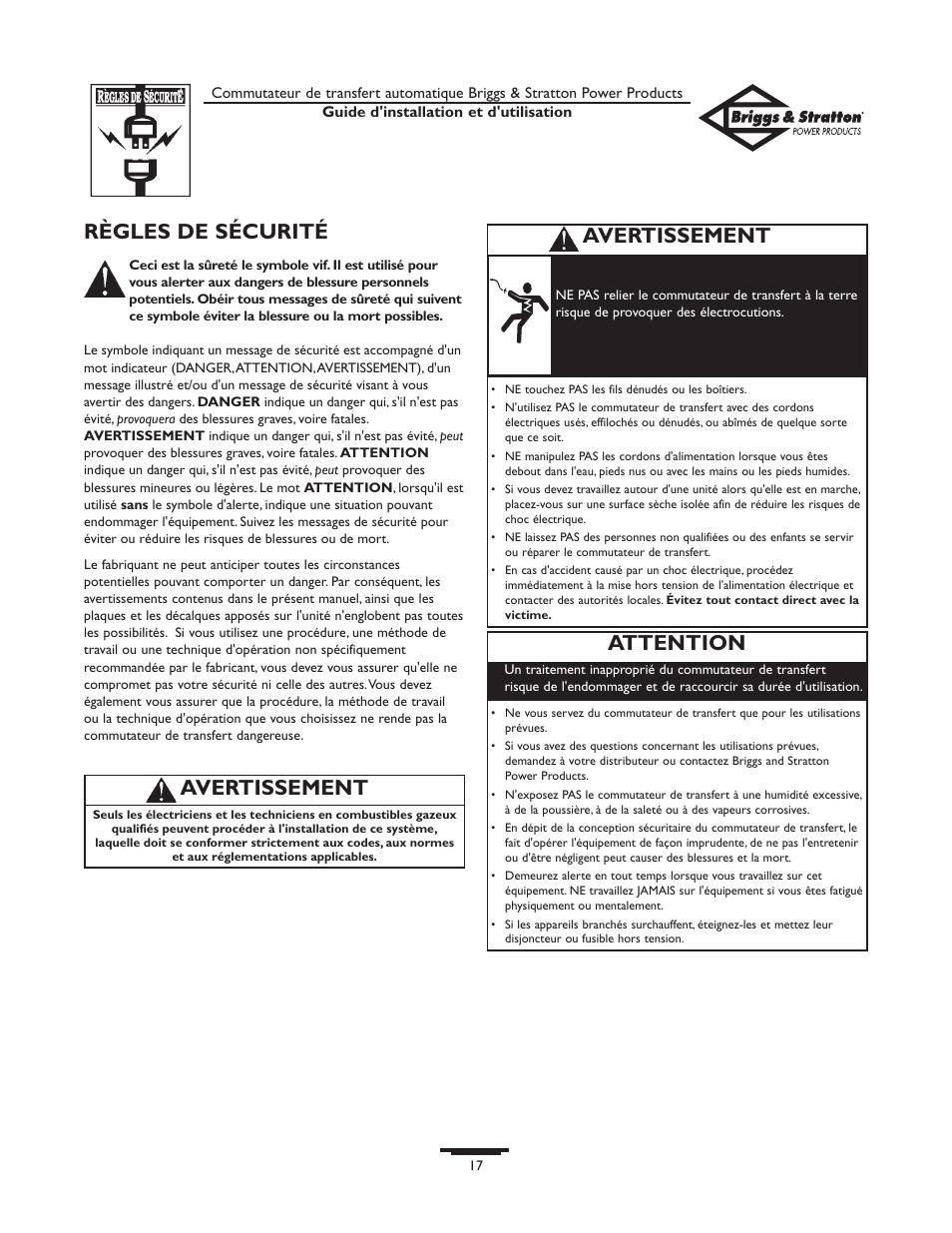 Règles de sécurité, Avertissement, Attention | Briggs & Stratton 01813-0 User Manual | Page 17 / 36