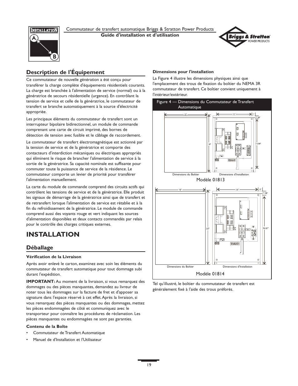 Installation, Description de l'équipement, Déballage | Briggs & Stratton 01813-0 User Manual | Page 19 / 36