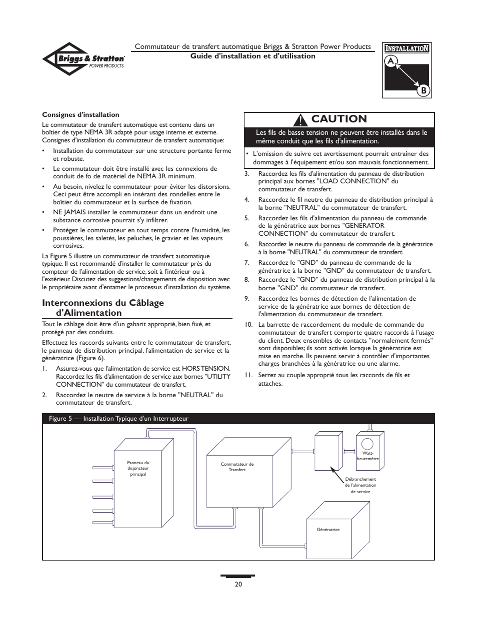 Caution, Interconnexions du câblage d'alimentation | Briggs & Stratton 01813-0 User Manual | Page 20 / 36