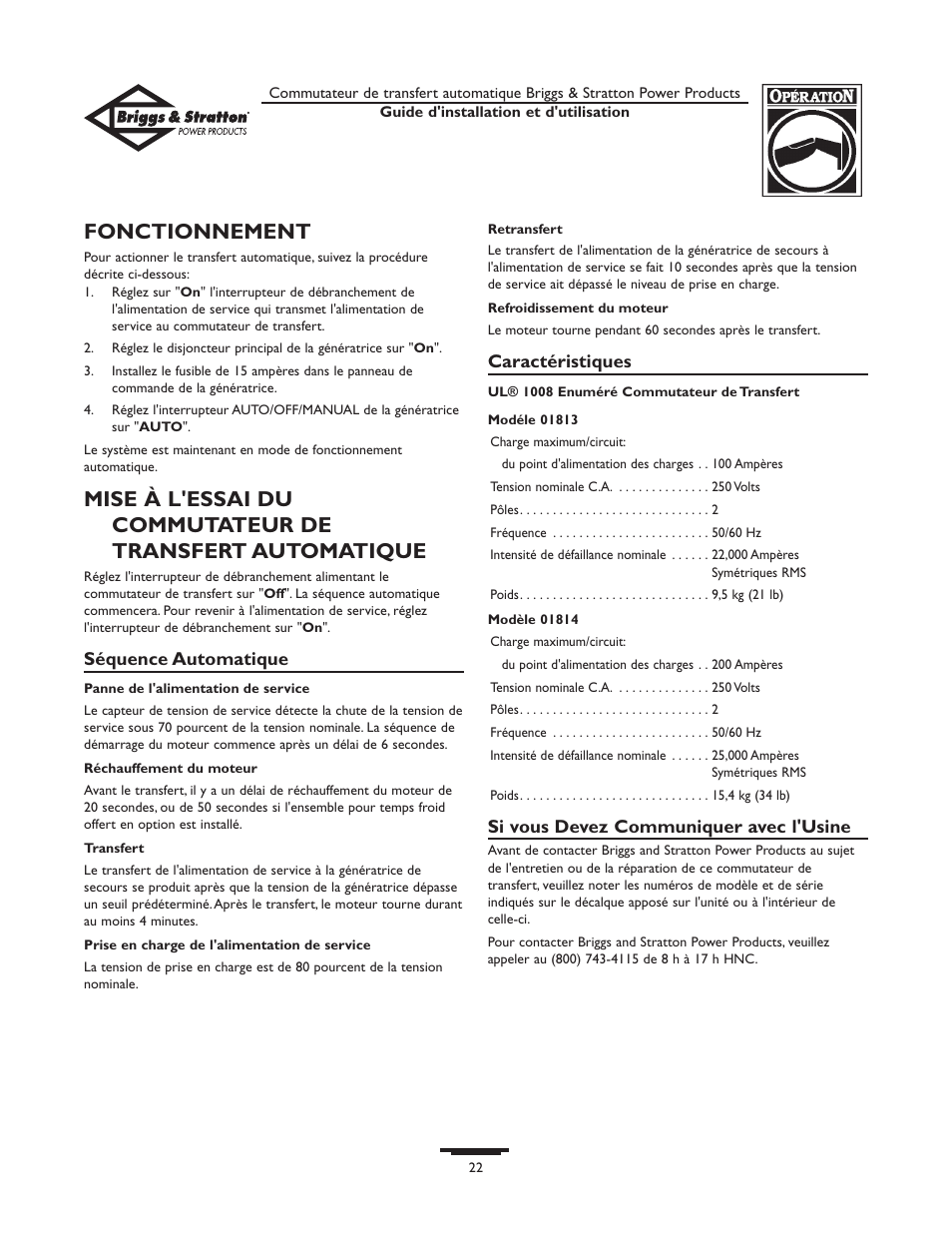 Fonctionnement | Briggs & Stratton 01813-0 User Manual | Page 22 / 36