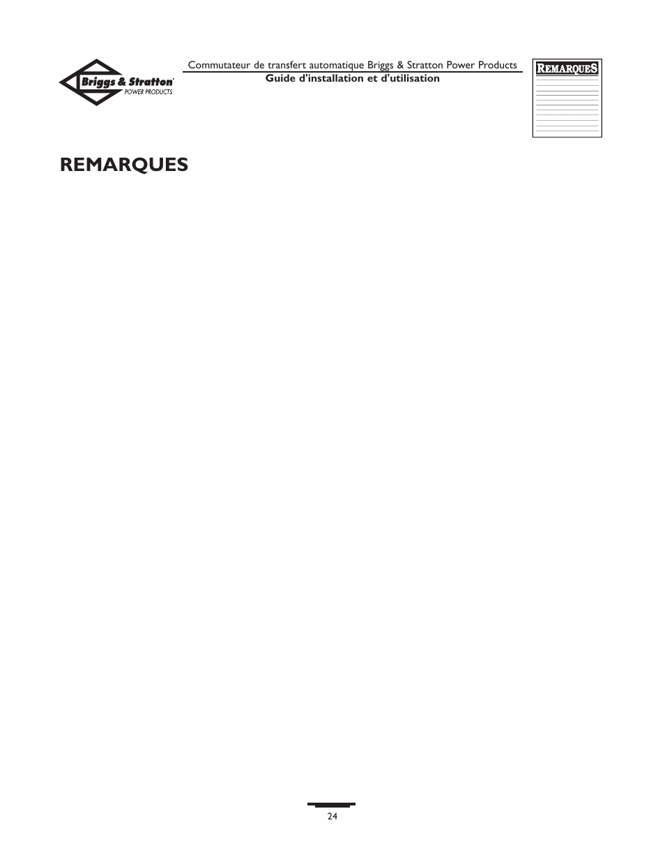 Remarques | Briggs & Stratton 01813-0 User Manual | Page 24 / 36