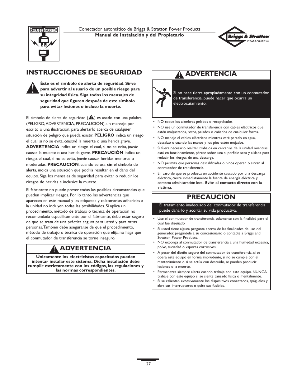 Instrucciones de seguridad, Advertencia, Precaución | Briggs & Stratton 01813-0 User Manual | Page 27 / 36