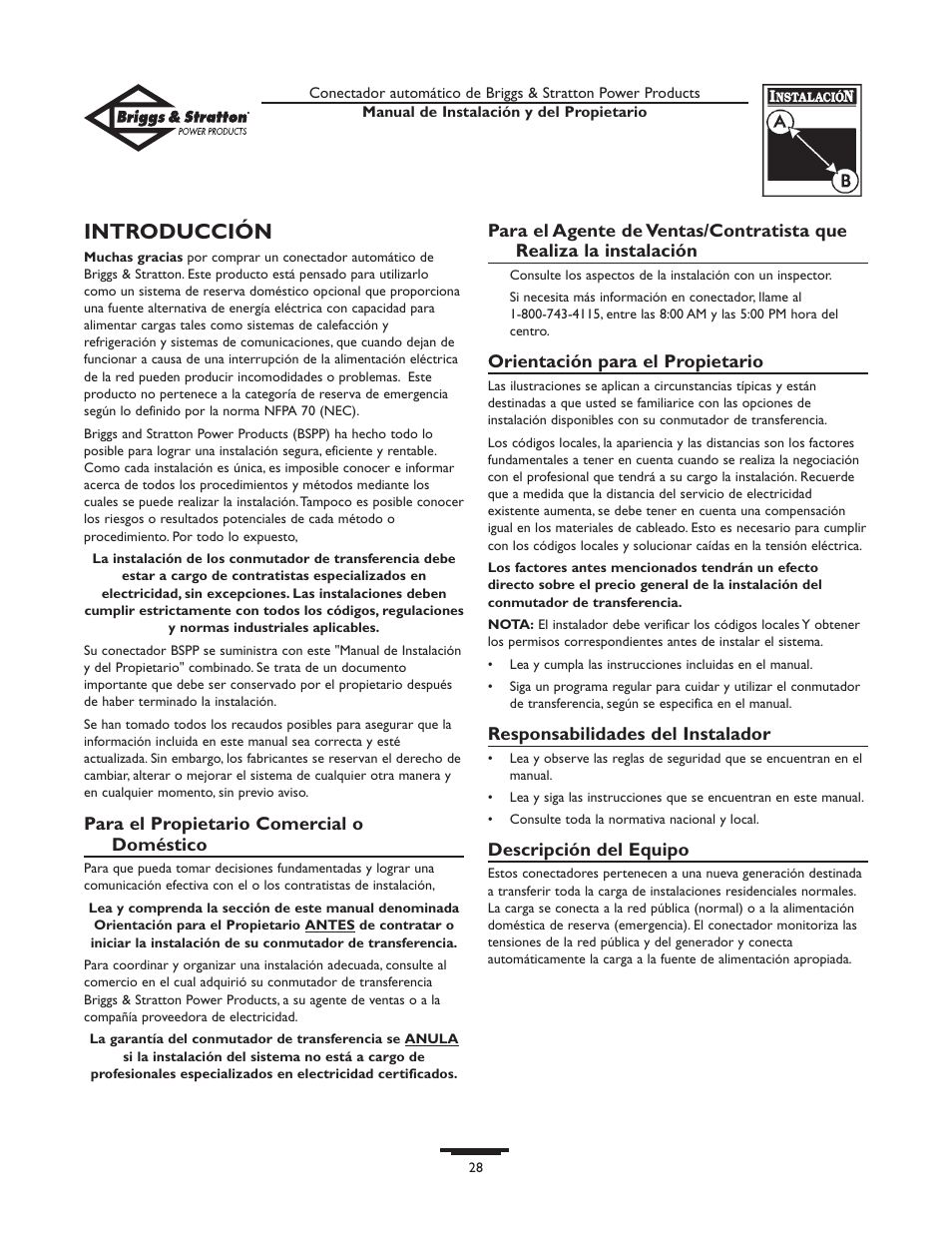 Introducción | Briggs & Stratton 01813-0 User Manual | Page 28 / 36