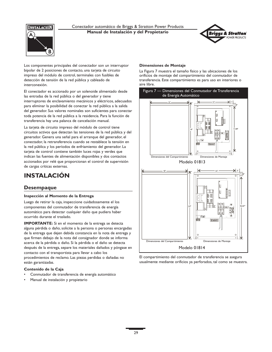 Instalación, Desempaque | Briggs & Stratton 01813-0 User Manual | Page 29 / 36