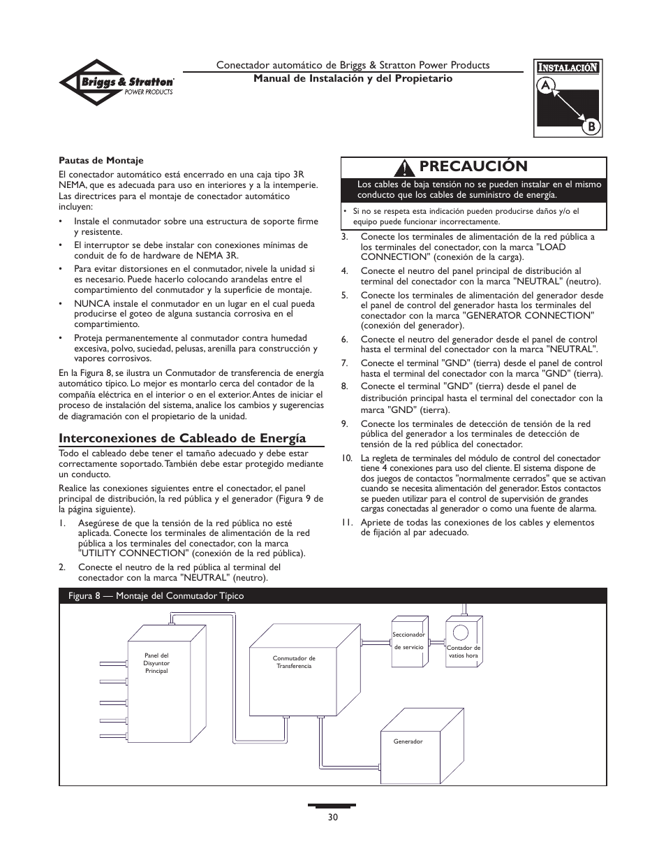 Precaución, Interconexiones de cableado de energía | Briggs & Stratton 01813-0 User Manual | Page 30 / 36