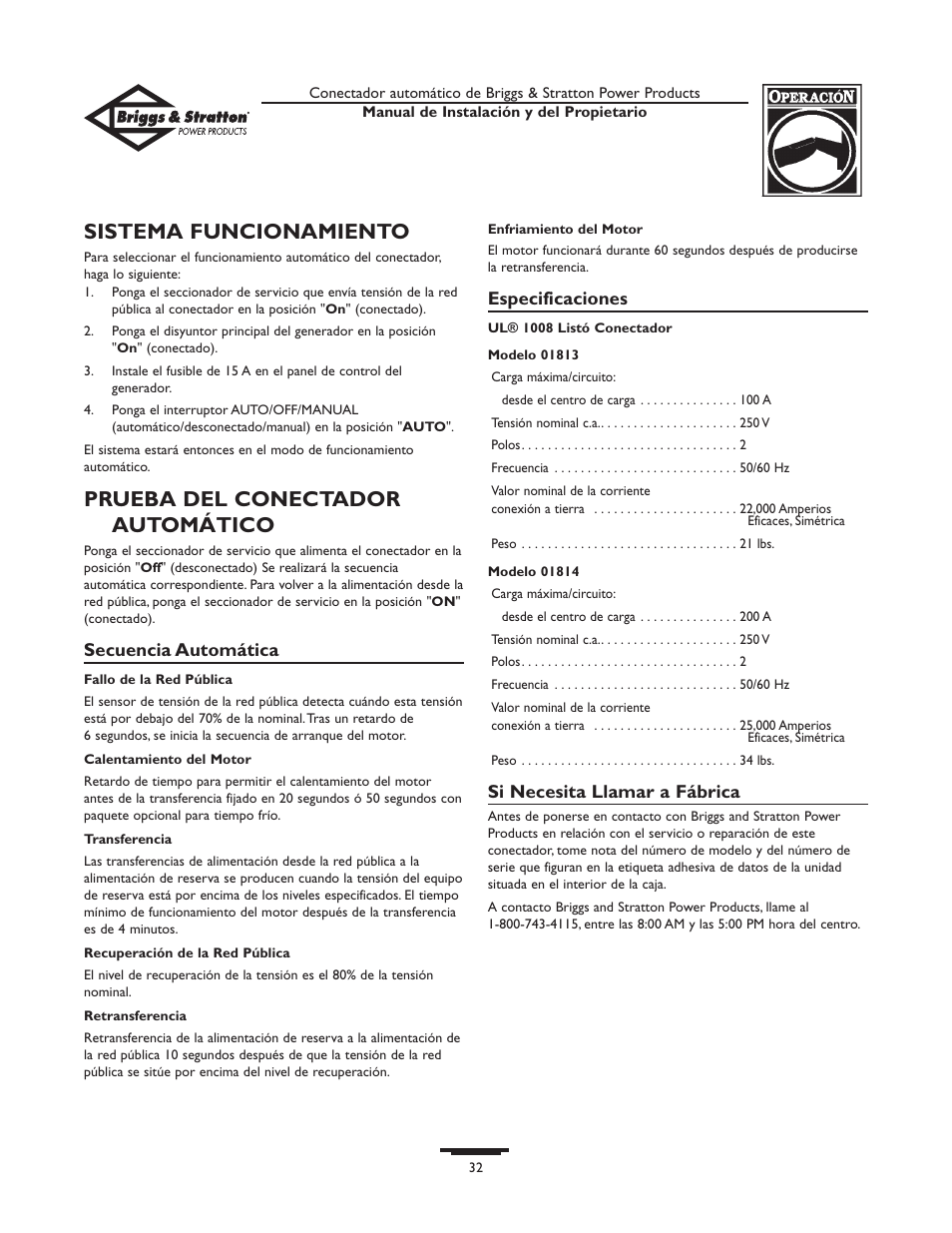 Sistema funcionamiento, Prueba del conectador automático | Briggs & Stratton 01813-0 User Manual | Page 32 / 36