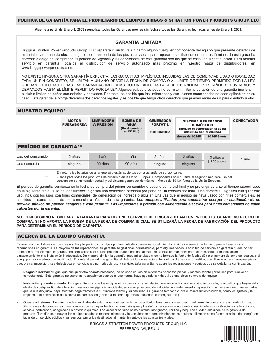 Garantía limitada, Nuestro equipo, Período de garantía | Acerca de la equipo garantía | Briggs & Stratton 01813-0 User Manual | Page 36 / 36