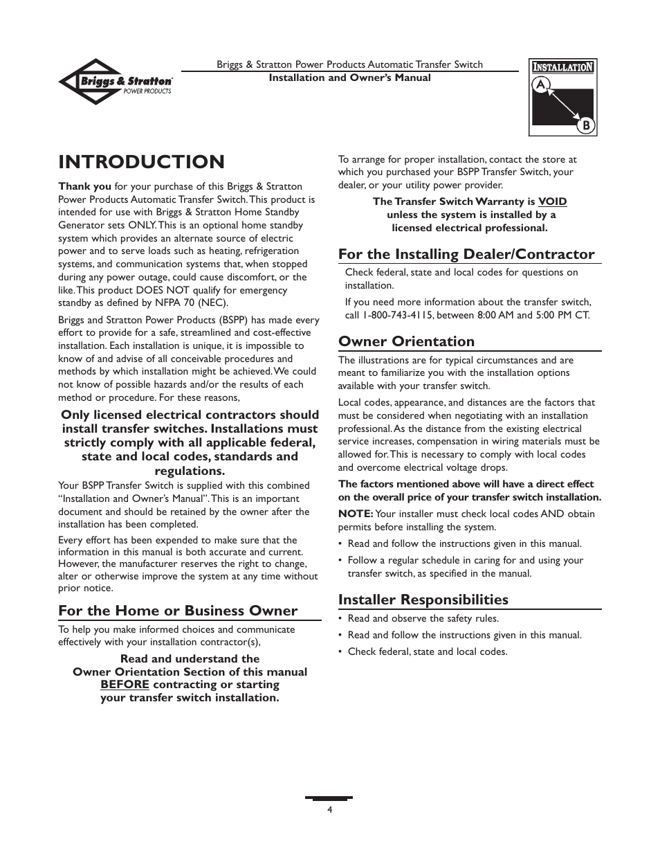 Introductio, Introduction, For the home or business owner | For the installing dealer/contractor, Owner orientation, Installer responsibilities | Briggs & Stratton 01813-0 User Manual | Page 4 / 36