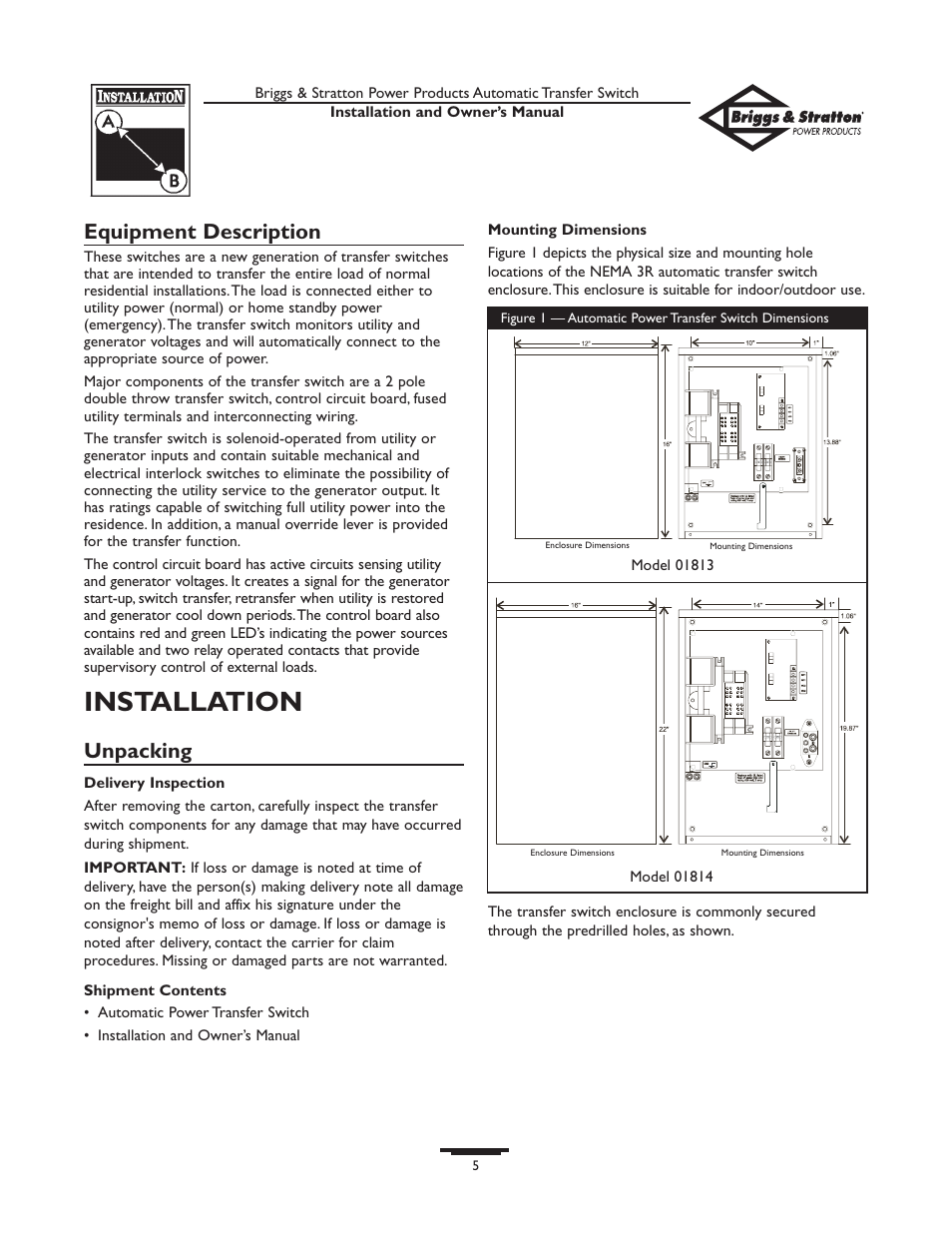Installation, Equipment description, Unpacking | Briggs & Stratton 01813-0 User Manual | Page 5 / 36