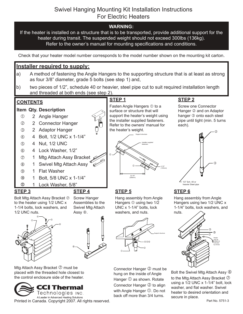 CCI Thermal Technologies SHMK - Swivel Hanging Mounting Kit User Manual | 1 page