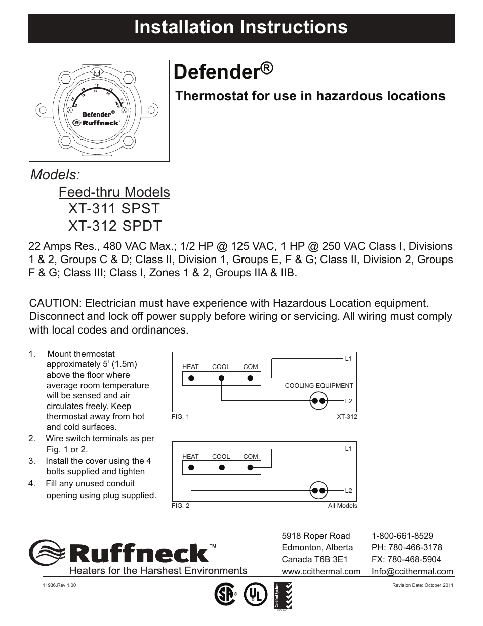 CCI Thermal Technologies XT-311 - Defender Explosion-Proof Thermostat User Manual | 1 page