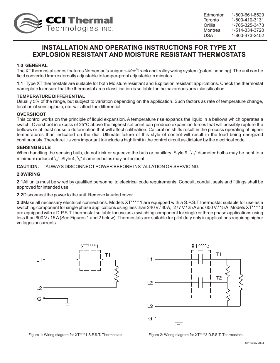 CCI Thermal Technologies XTB - Explosion-Proof Thermostat (Remote Sensing) User Manual | 2 pages