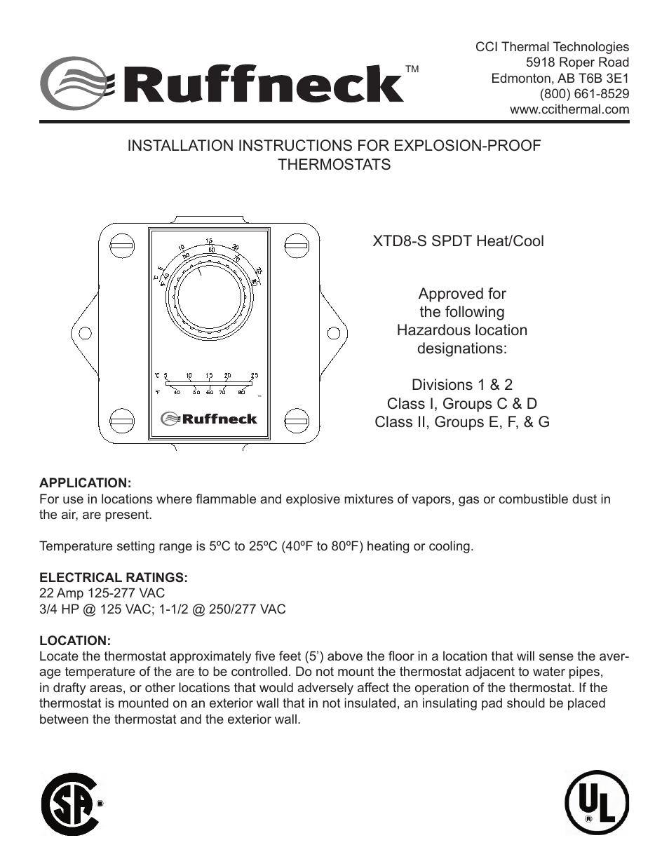 CCI Thermal Technologies XTD8 - Explosion-Proof Thermostat (Room) User Manual | 2 pages