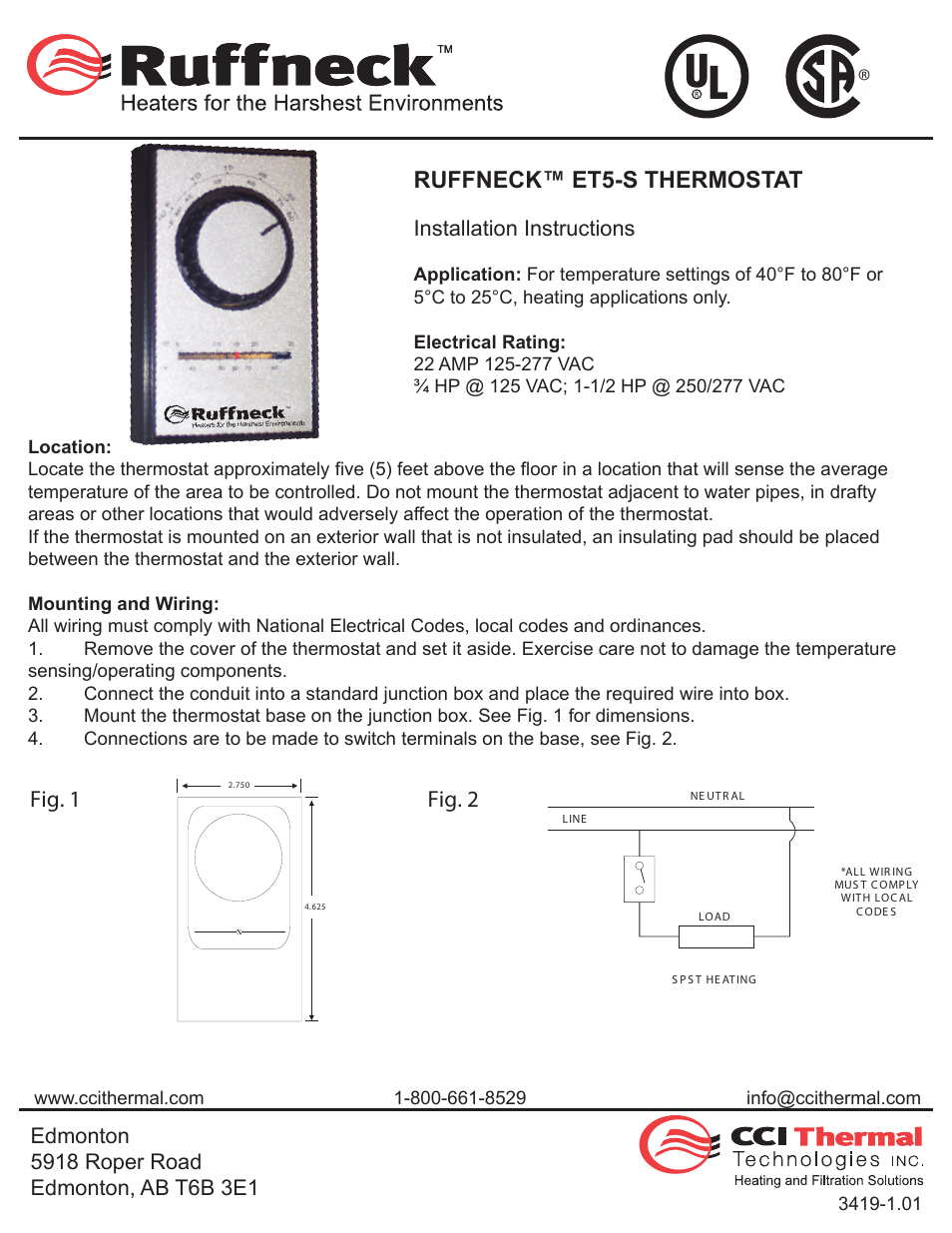 CCI Thermal Technologies ET5 - Heavy-Duty Line Voltage Thermostat User Manual | 1 page
