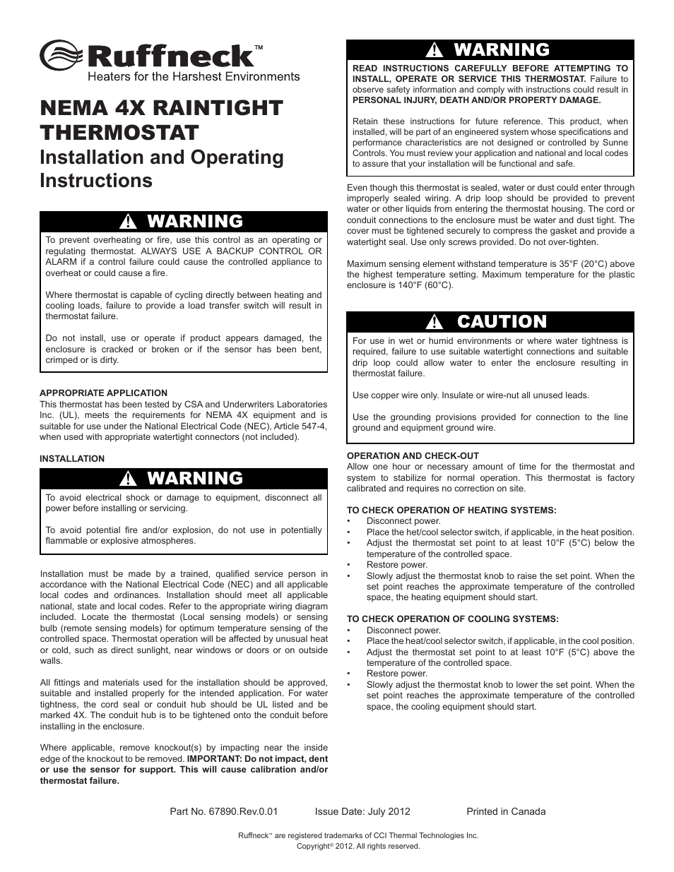 CCI Thermal Technologies TF - NEMA 4X Water-Resistant Thermostat User Manual | 2 pages