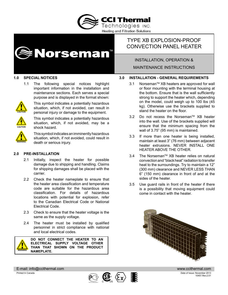 CCI Thermal Technologies XB - Explosion-Proof Natural Convection Heater (Optional Adjustable Temperature Control) User Manual | 8 pages