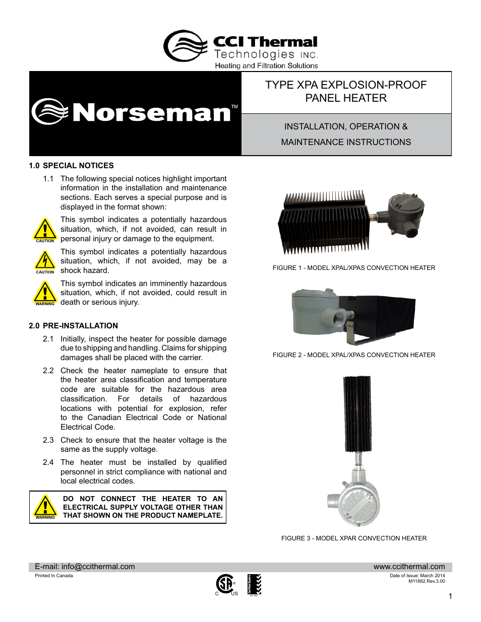 CCI Thermal Technologies XPA - Explosion-Proof Panel Heater User Manual | 8 pages