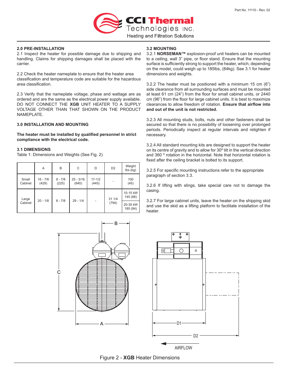Figure 2 - xgb heater dimensions | CCI Thermal Technologies XGB - Explosion-Proof Forced Air Unit Heater User Manual | Page 3 / 9