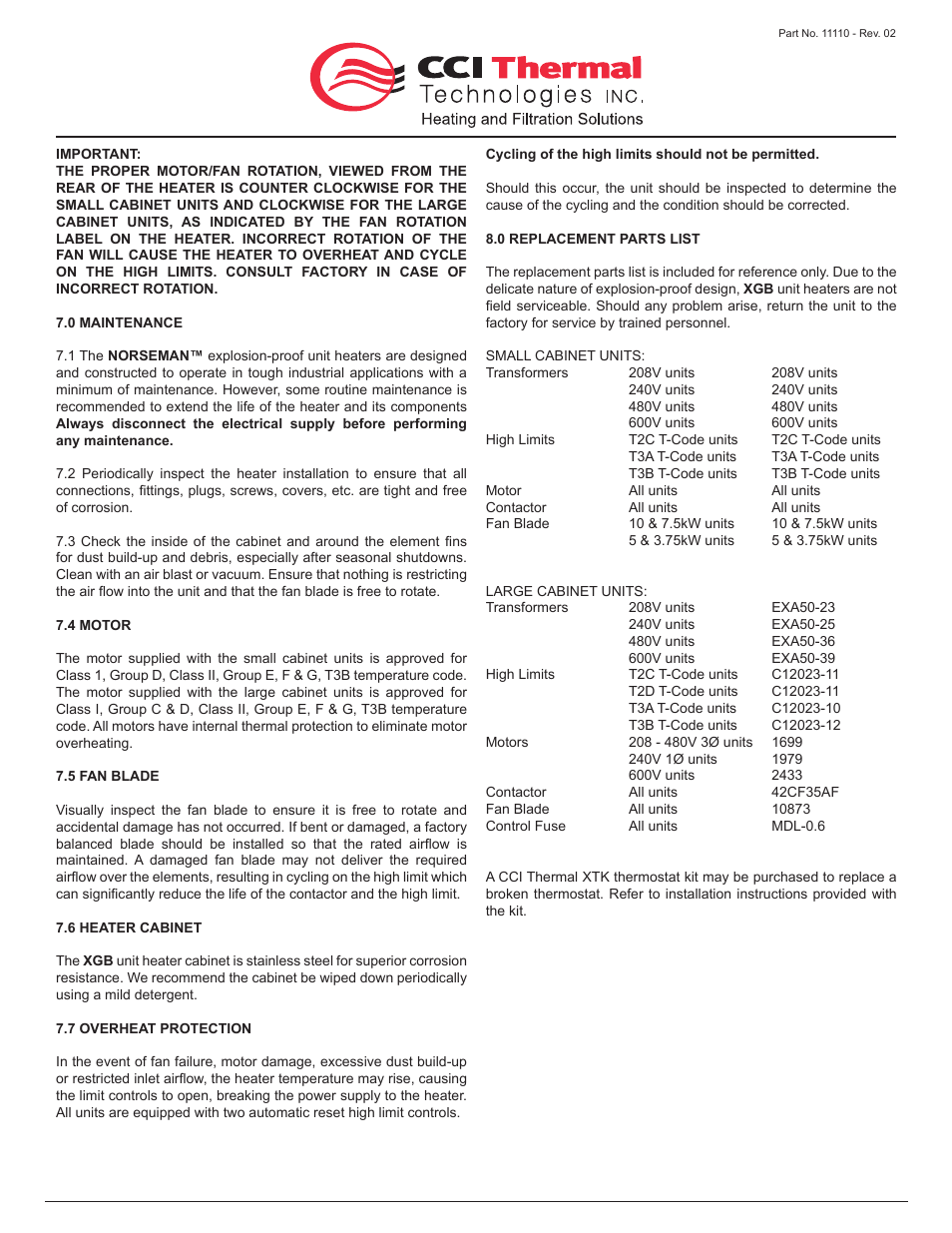 CCI Thermal Technologies XGB - Explosion-Proof Forced Air Unit Heater User Manual | Page 8 / 9