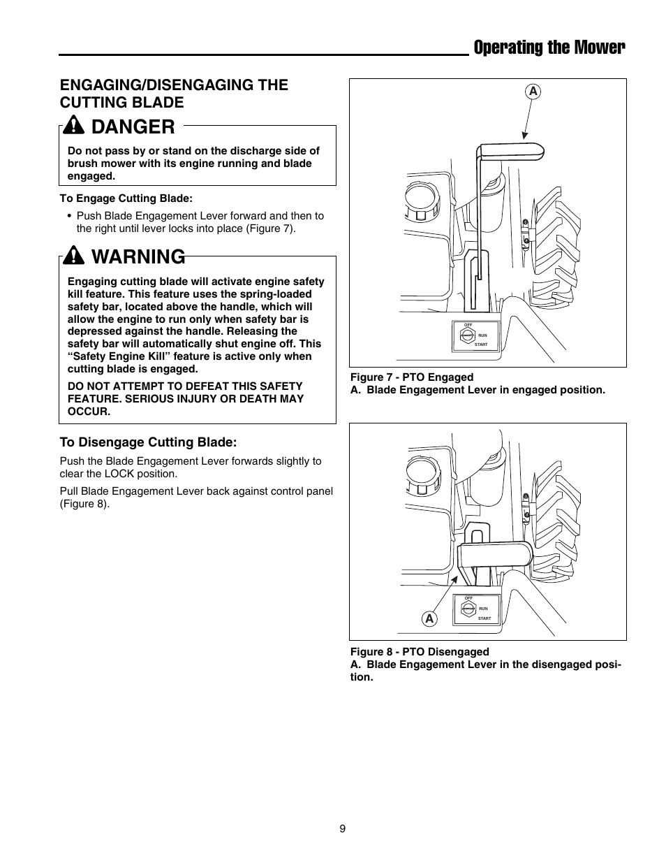 Operating the mower, Danger, Warning | Engaging/disengaging the cutting blade | Briggs & Stratton FB13250BS User Manual | Page 10 / 24