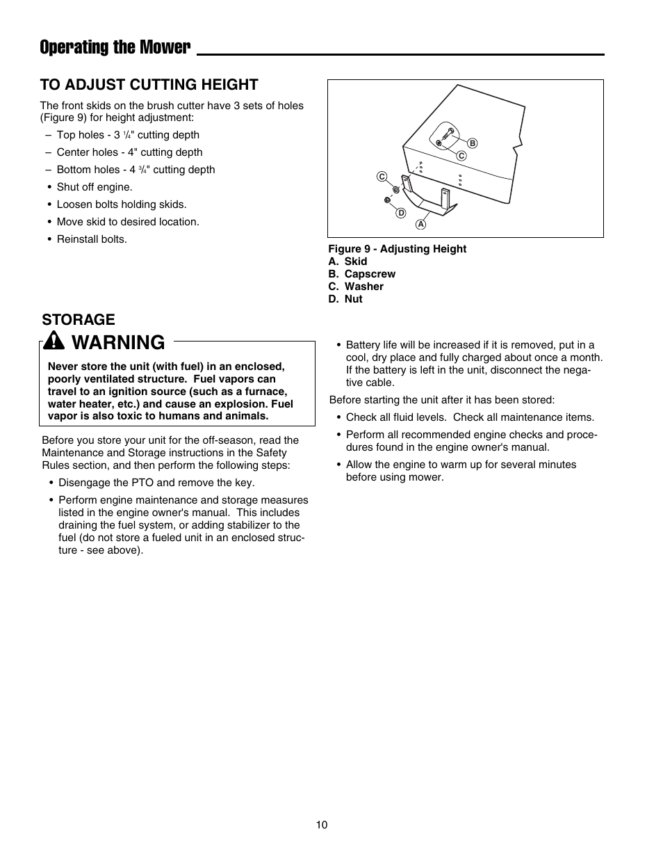 Operating the mower, Warning, Storage | Briggs & Stratton FB13250BS User Manual | Page 11 / 24