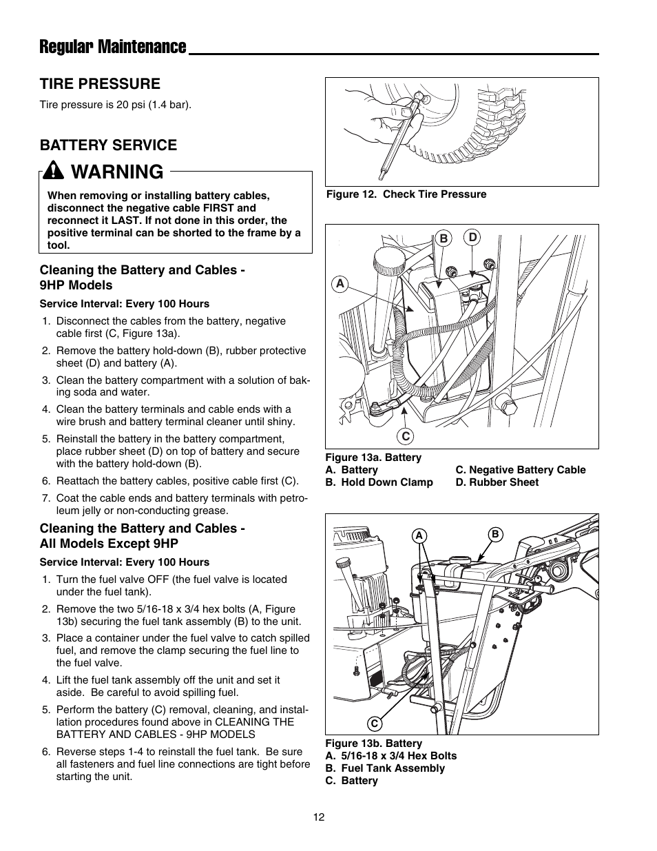Regular maintenance, Warning, Tire pressure | Battery service | Briggs & Stratton FB13250BS User Manual | Page 13 / 24