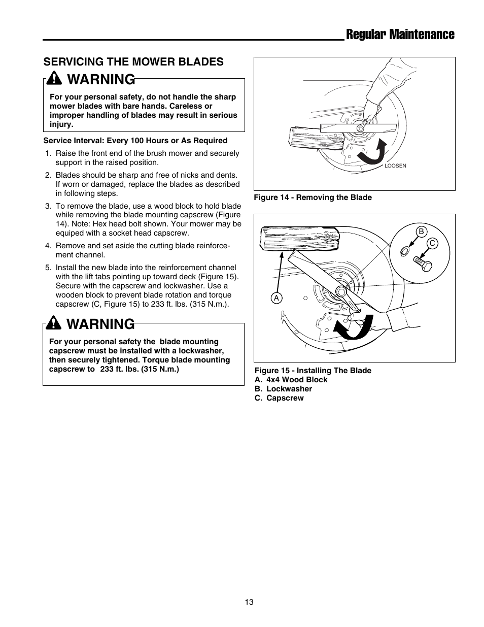 Regular maintenance, Warning, Servicing the mower blades | Briggs & Stratton FB13250BS User Manual | Page 14 / 24