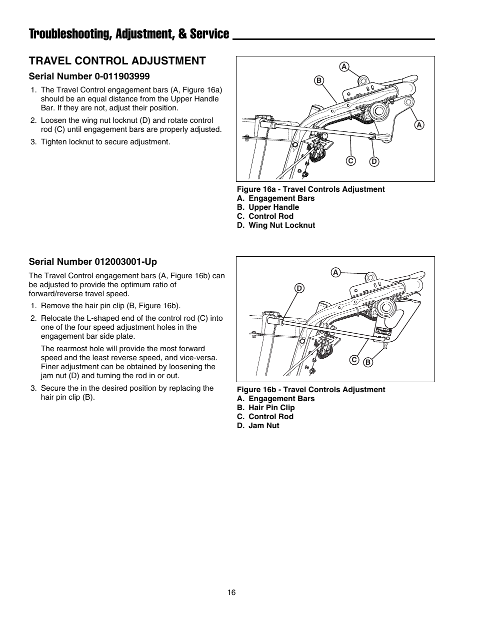 Troubleshooting, adjustment, & service, Travel control adjustment | Briggs & Stratton FB13250BS User Manual | Page 17 / 24