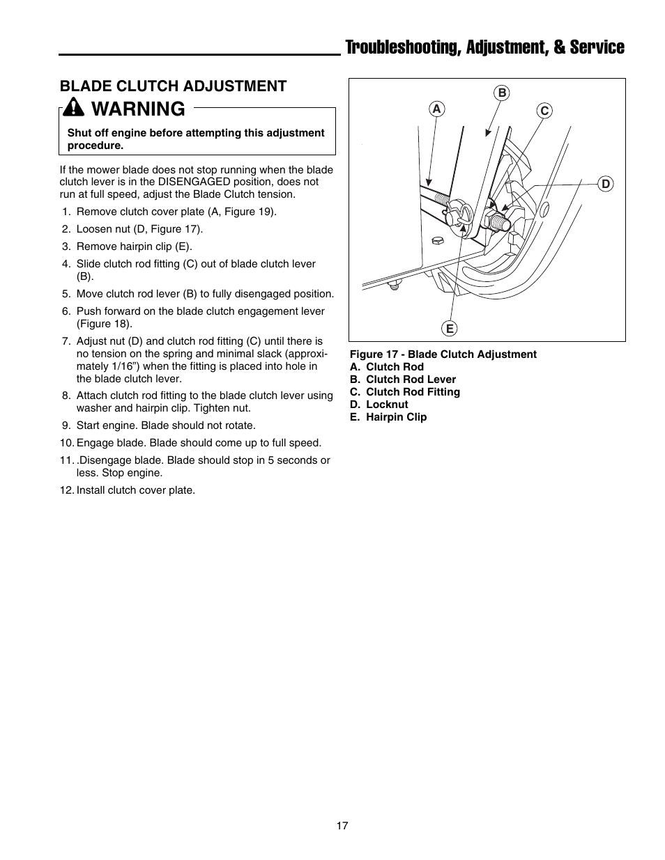 Troubleshooting, adjustment, & service, Warning, Blade clutch adjustment | Briggs & Stratton FB13250BS User Manual | Page 18 / 24
