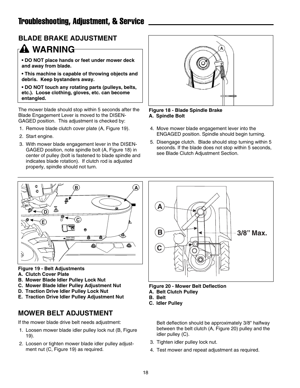 Troubleshooting, adjustment, & service, Warning, 3/8” max. b c a | Blade brake adjustment, Mower belt adjustment | Briggs & Stratton FB13250BS User Manual | Page 19 / 24