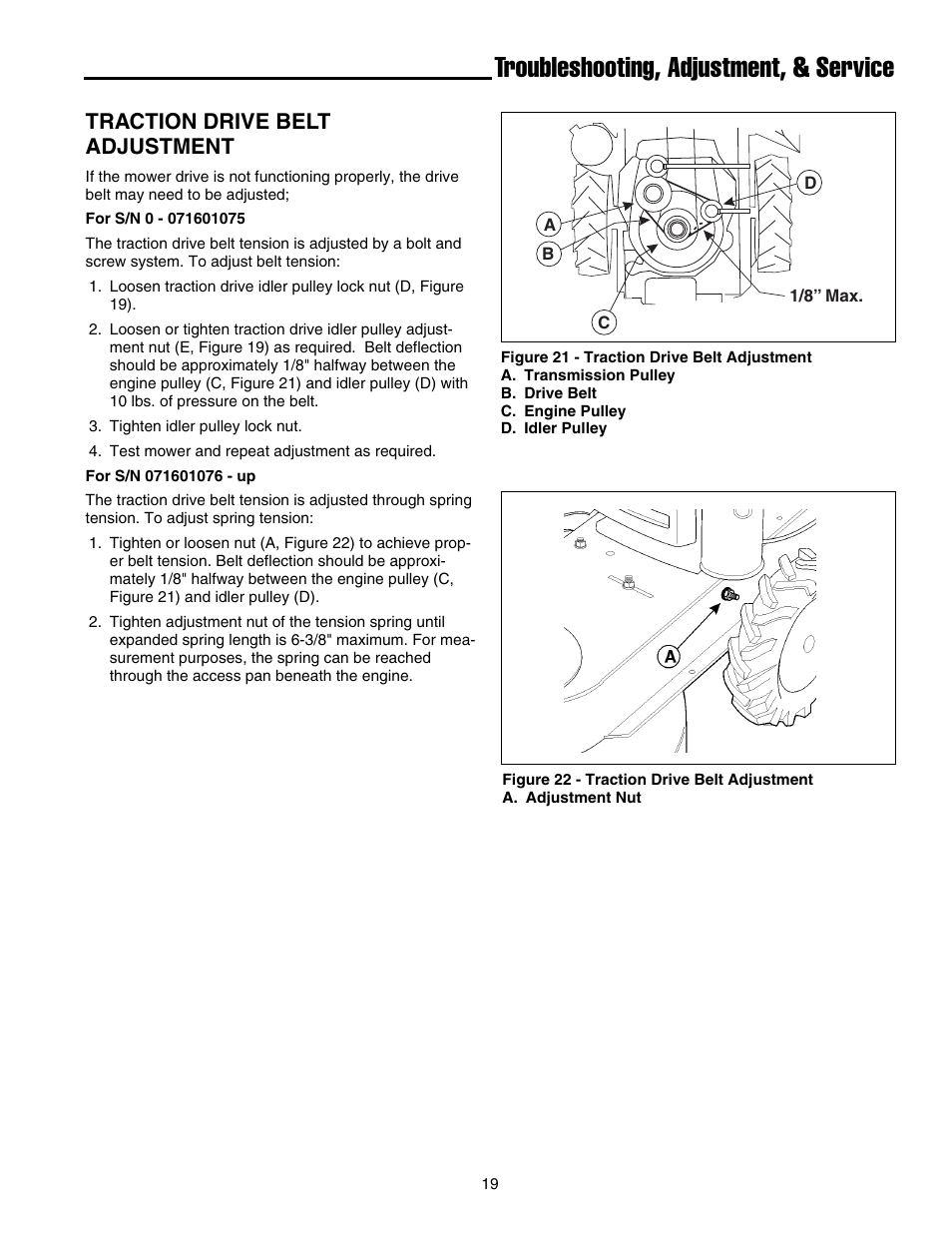 Troubleshooting, adjustment, & service, Traction drive belt adjustment | Briggs & Stratton FB13250BS User Manual | Page 20 / 24