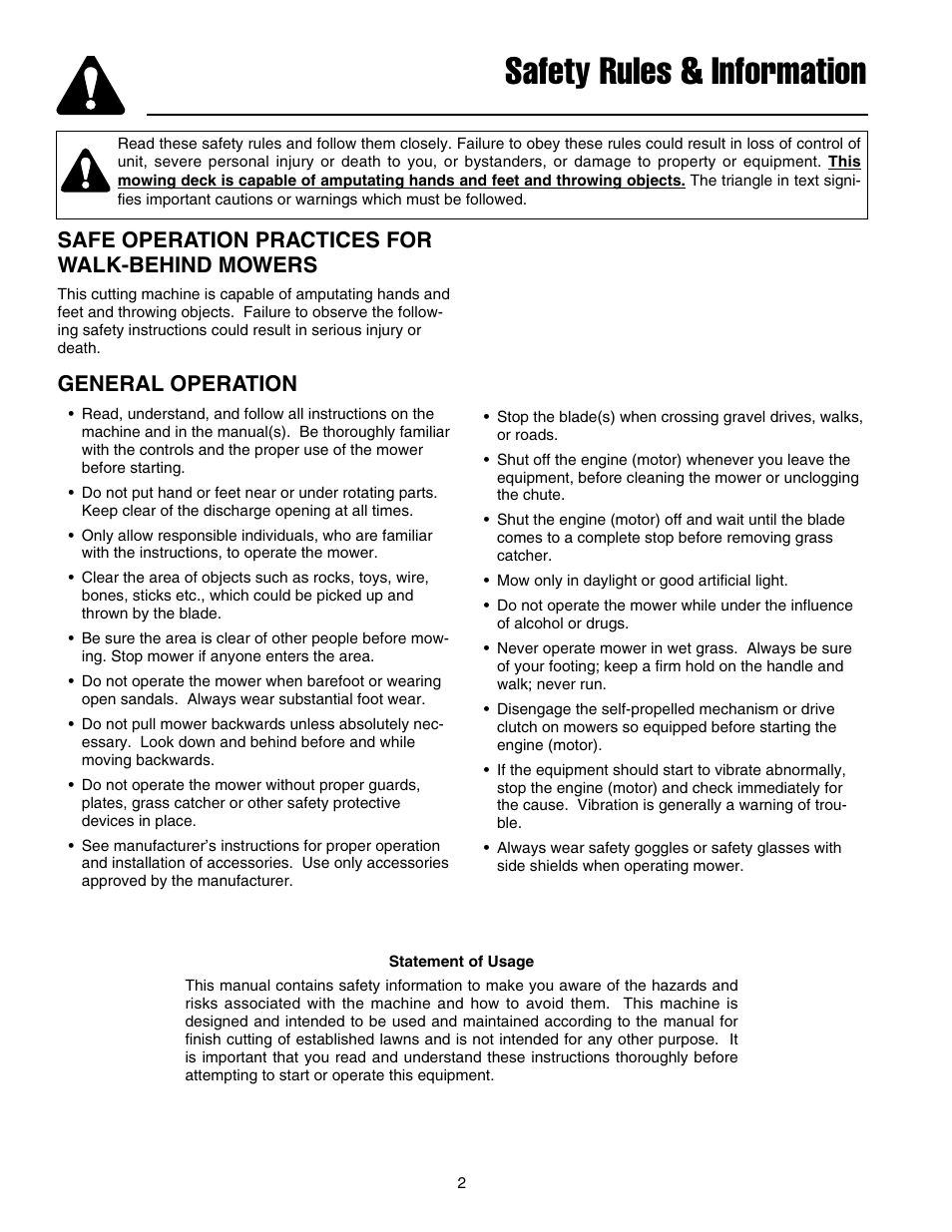 Safety rules & information, Safe operation practices for walk-behind mowers, General operation | Briggs & Stratton FB13250BS User Manual | Page 3 / 24