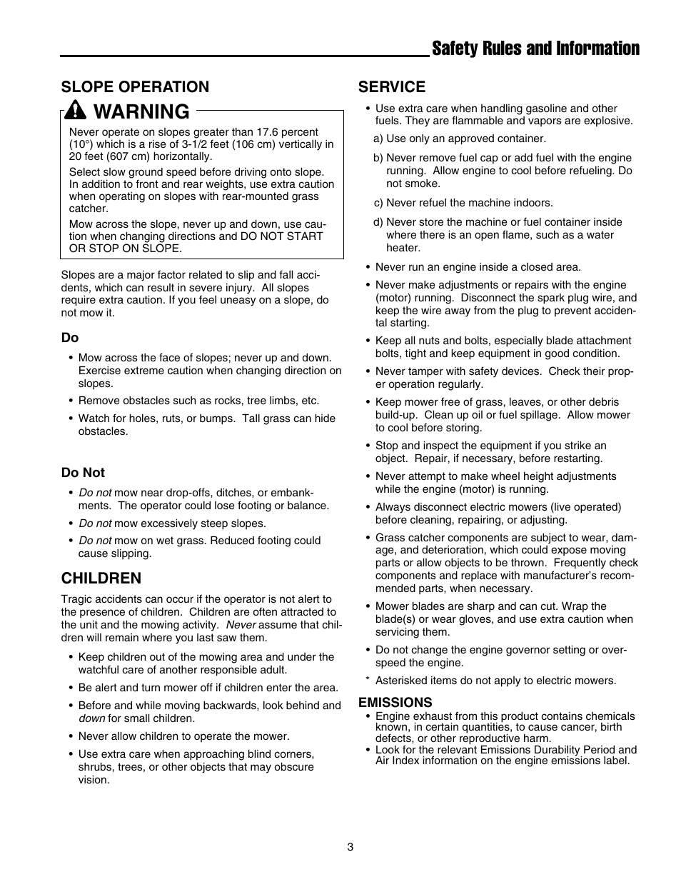 Safety rules and information, Warning, Slope operation | Children, Service | Briggs & Stratton FB13250BS User Manual | Page 4 / 24